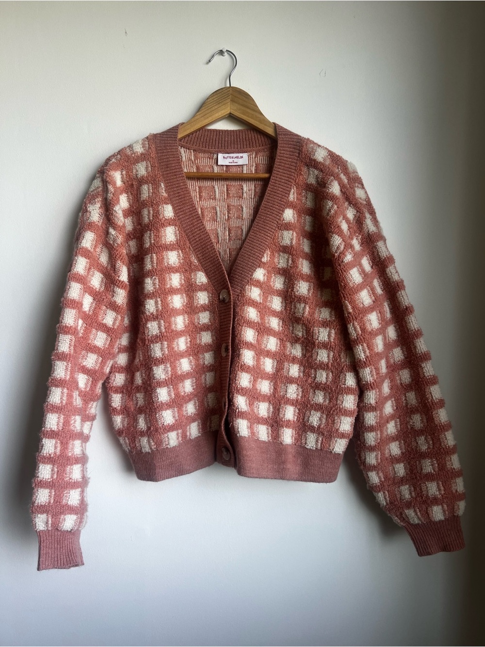 Checked Rose V-Neck Cardigan Sweater